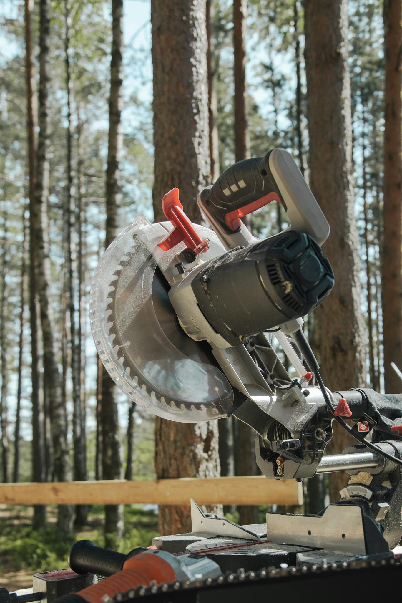 Close-up of a miter saw in action, set against a serene forest backdrop.