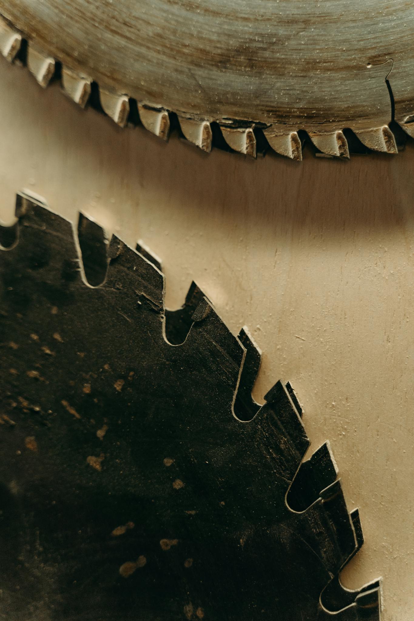 Detailed view of two circular saw blades in a workshop setting, highlighting craftsmanship.